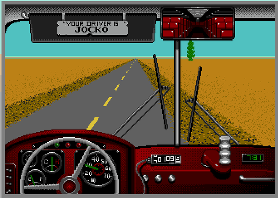 A screenshot of driving the bus in the game Desert Bus.