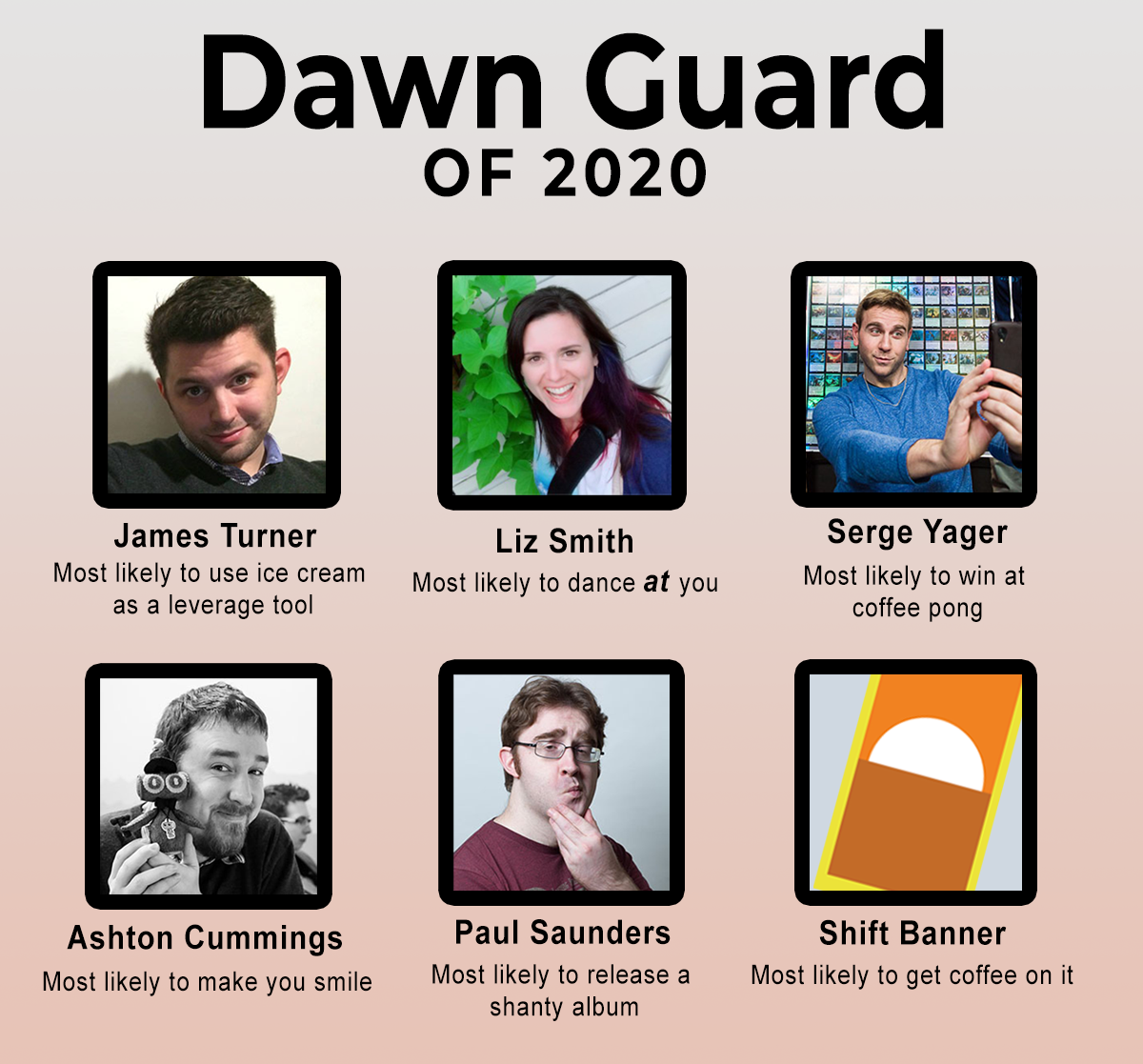 A gallery of entertainers on this year's Dawn Guard shift. The Dawn Guard shift banner has the title 'Most likely to get coffee on it.'