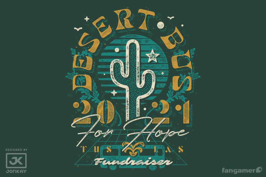 The 2021 Desert Bus for Hope t-shirt design. A muted green background showing a cactus, a bus, and a starry sky.