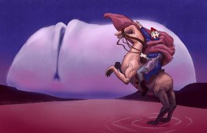 In a reference to a classic painting of Napoleon on his horse, the King of spades is riding a horse. His human face has been replaced by the card. The horse has a human hand for a face, as well as hands for all four of its hooves. It's standing on a barren landscape in front of a smooth white humanoid face that is featureless except for the relaxed mouth.