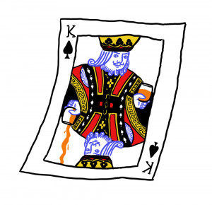A drawing of the King of Spades card with a mimosa in his hands. The upside-down version of the king is having trouble though, as the mimosa is spilling out of his upside-down cup.,