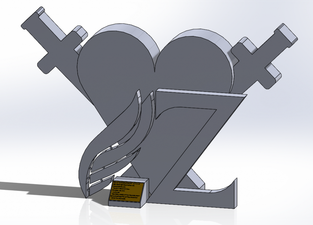 A 3D modeled Kindness Monument, composed of a heart and the Alpha Flight and Zeta logos.