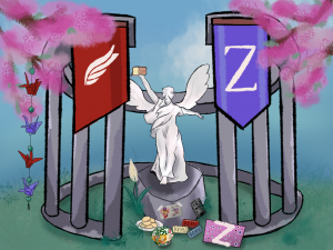 A winged statue holding a loaf of bread is surrounded by the Alpha Flight and Zeta shift banners and other gifts shared between the shifts.