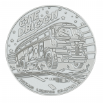 The 2021 Silver DBloon. The pictured side features the bus flying in space with the words "One DBLoon" and "Agimus liberos adjutum."