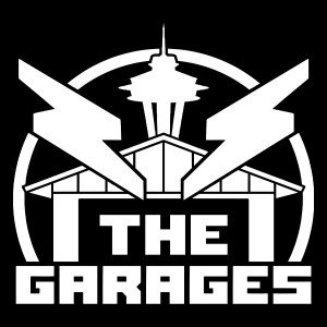Logo for The Garages: the frame of a house with a silhouette of the Seattle Space Needle behind it. There are two lightning bolts firing off the text "The Garages", and a circle outline connecting every element.