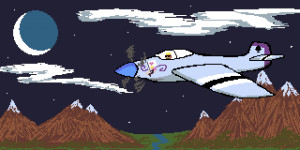 A pixelized image a plane flying above the mountains in a starry night sky. The plane has a Queen of Hearts emblem on its nose, and the pilot is the King of Spades.