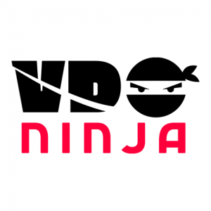 VDO.Ninja logo: the letters VDO in bold black font with a slash through the V and D, and the O turned into the face of a masked ninja. The word "Ninja" appears below in red letters.