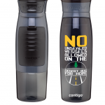 A mockup photo of the Desert Bus water bottle. The bottle has the DB logo and the words "No unsealed vessels allowed on the Desert Bus for Hope."