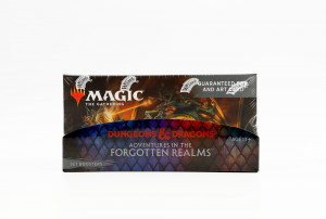 A box of Magic: the Gathering booster cards with a Dungeons & Dragons crossover theme. The box art features a Beholder (giant eyeball with tiny eyeball stalks on its head) casting magic at a party of adventurers.