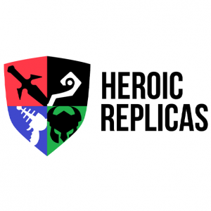 Heroic Replicas logo: a quartered heraldry shield. The emblems on each quarter, clockwise from top left: a sword hilt, a magic staff, a ray gun, and a horned helmet.