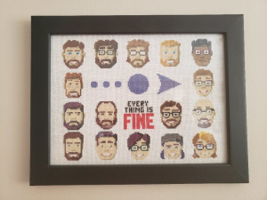 A framed cross stitch with the blue dots + arrow logo of LRR featured near the top. Around it are familiar faces from Loading Ready Run and one text emote that reads "Everything is Fine"