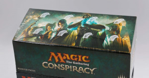 A large box labeled Magic: the Gathering Conspiracy. The box art features a glowing blue wizard flanked by four other characters who look like pirates and thieves.