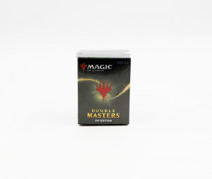 A box of Magic: the Gathering cards with the red fork-like logo, glowing on  gray background. It's labeled Double Masters VIP Edition