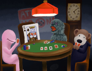 A parody of "Dogs Playing Poker." Instead it's the King of Spades with assorted Desert Bus favorites like Bartleby. The keys to the Moonbase are on the table as a wager. Under the table, barely visible, is creepy doll.