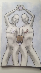 Two human statues hold a loaf a bread. They hold their hands above their heads making a heart shape.