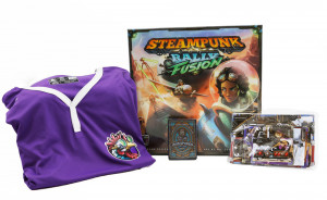 A deluxe set of multiple items: a purple shirt with a logo of a rooster wearing goggles. A board game labeled "Steampunk Rally Fushion" and featuring a young woman of color smirking over her shoulder at the racers she's left in the dust. Finally, there is an Iron Spades deck and a collection of accessories to support the game.