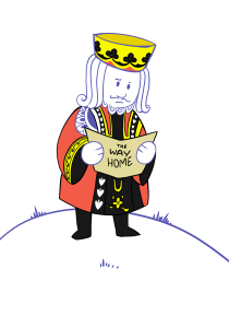 The King of Spades drawn in the style of The Little Prince. He stands on top of his planet and reads a book labeled "The Way Home."