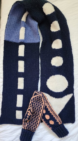 Both the scarf and the mittens together. They are placed so you can see both sides of each the scarf and the mittens 