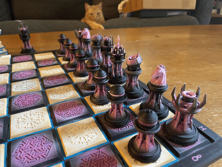 The Black Pieces, Inspired by the Synthwave Retrofuture aesthetic. Maddie approves with her fancy paws.