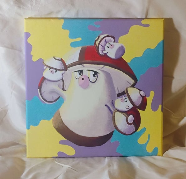 A trio of Foongus being juggled by an Amoonguss
