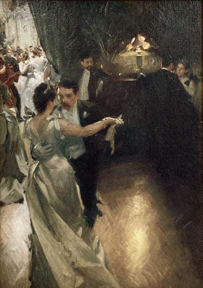The painting Waltz by Anders Zorn (1891). It depicts two people in white tie dress dancing in a secluded corner of a ballroom. More dancers are background. 