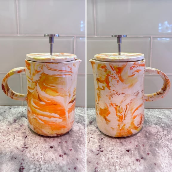 Two views of the French press, highlighting the color marbling.