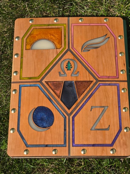 The shift banners across 5 cherry wood pieces
Dawnguard, Alpha Flight, Night Watch, and Zeata Shift  surround Omega Shift