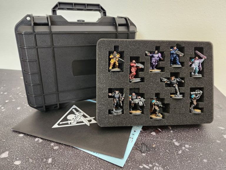 The secure, light-weight carry-case (~10"x8"x3" or 25x20x8cm) with customized foam insert, tokens and decal transfer sheets included.