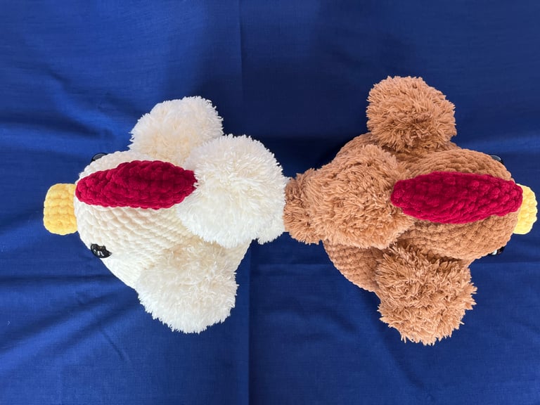 An overhead view of the white and brown chickens. Allows for a better angle of the fluffy wings and tails.