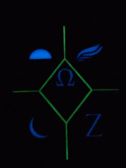 The back cover in the dark revealing which parts of the shift logos glow