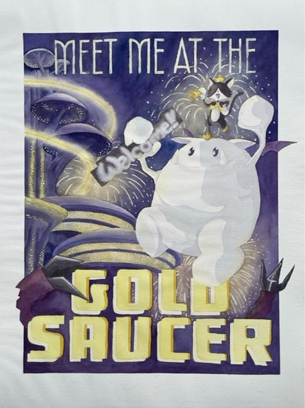 The text "Meet Me at the Gold Saucer" frames our very good boy Cait Sith as he and his moogle leap in celebration. The background features the mushroom-like structure of FF7 Rebirth's Gold Saucer, bursts of fireworks, and some not-alarming-at-all claws reaching up from the desert.