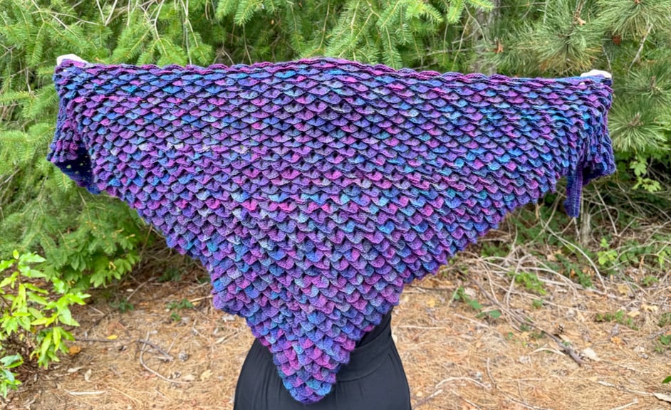 Zeta themed shawl, crocheted with a wool/acrylic blend yarn. The shawl is 70" wide by 30" tall