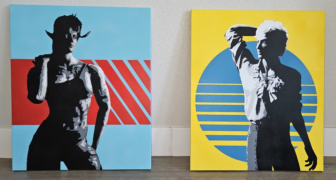 The two pieces side by side.  Karlach on the left (with blue background and red accent) and Astarion on the right (with yellow background and blue accent).