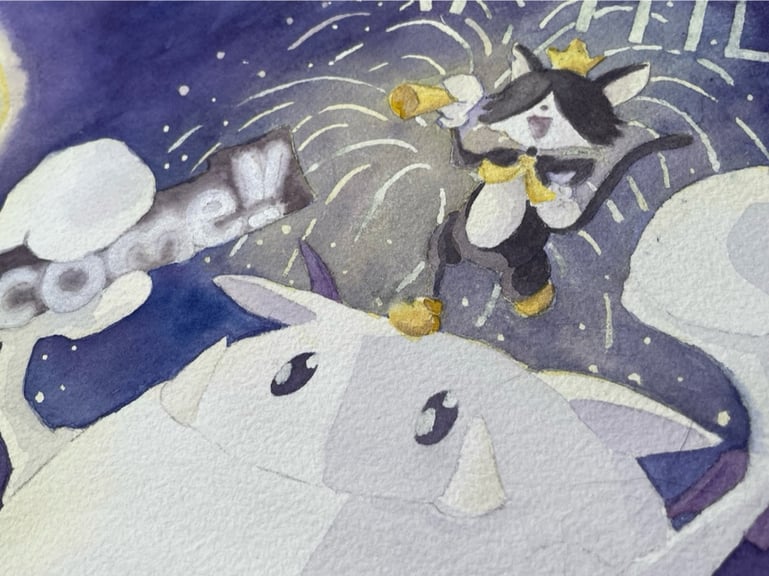 A close-up of Cait Sith, a tuxedo kitty rendered in a dark purple, with shimmery gold-yellow highlights. He's happily leaping on the head of his moogle plush, a very good bat-marshmallow friend. The characters' design closely follows the original FF7 concept art by Tetsuya Nomura.