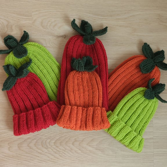 An overhead photo of 6 knitted hats with leaf and stem additions. There are 3 smaller and 3 larger hats in red, orange and green.