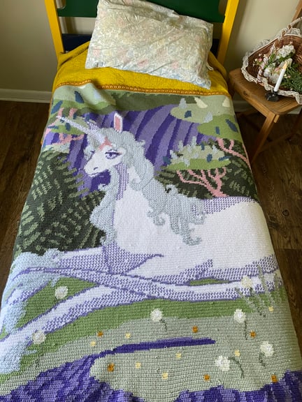 Here we see the blanket in it's natural environment. This bed is twin sized and the piece covers it nicely. 