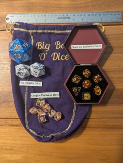 We have some nice and big dice if you crave the satisfying sound of rolling something a little more massive. 
We have some exclusive limited edition sets: Included is a set plucked freshly from both GenCon and Origins. Yes, that's right, I endured a game convention to acquired these dice. Nothing but the best! Clearly I had no other motive. That's my story and I'm sticking to it!