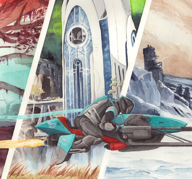 Scanned detail image of "The Trans-Jovian Cup" focusing on the Guardian on their Sparrow, primarily with the Dreaming City and Europa zones in the background.