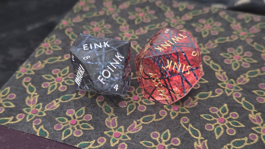 Two d10 dice with black holographic lines crisscrossing inside, invoking the lines in a diablarist's aura.
