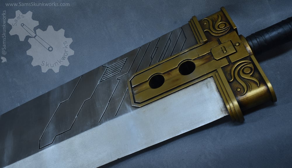 A close-up of the sword hilt, showing the golden detailing and circuit patterns.