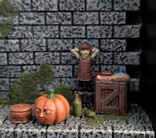 A close-up of Chilchuck, leaning up against the dungeon wall. Several crates and food bowls litter the floor. A large dryad pumpkin beams a blank but sultry smile at the viewer.