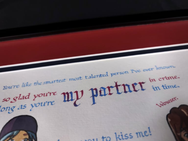 A detail view of the top of Part II, showing part of the painting and the two-coloured ink (gouache) work on the quote: “I’m so glad you’re my partner in time. / As long as you’re my partner in crime.”