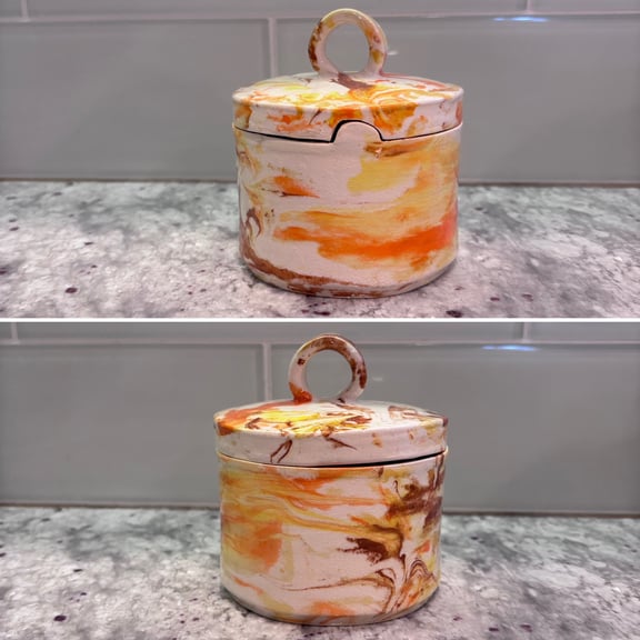 Two views of the sugar bowl, highlighting the color marbling.