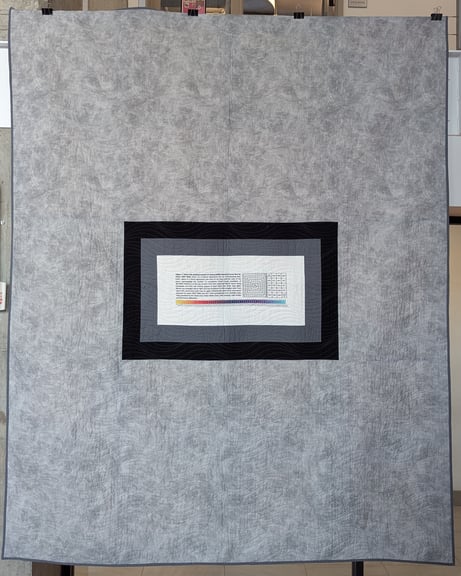 Quilt back. Includes a inset digitally printed "figure caption" that explains the data presentation of the quilt front.