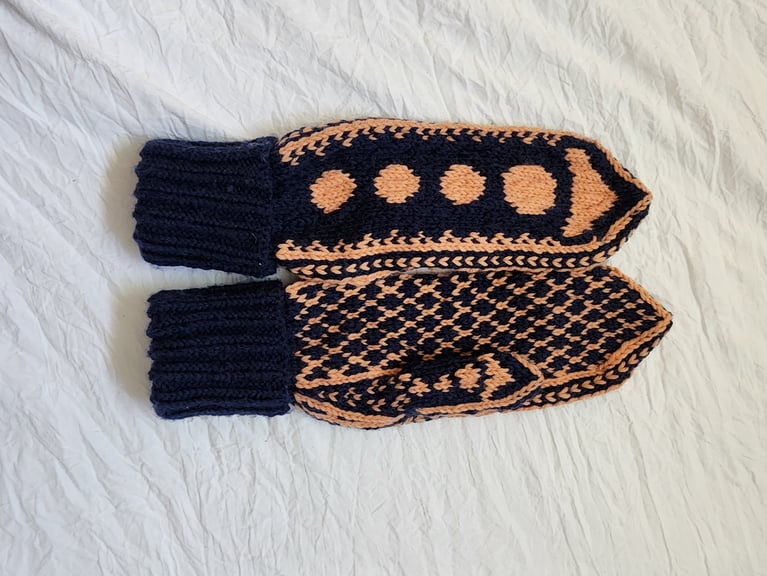 Mittens laid flat. The ribbed cuff is not sewn so it can be adjusted to fully cover your wrist