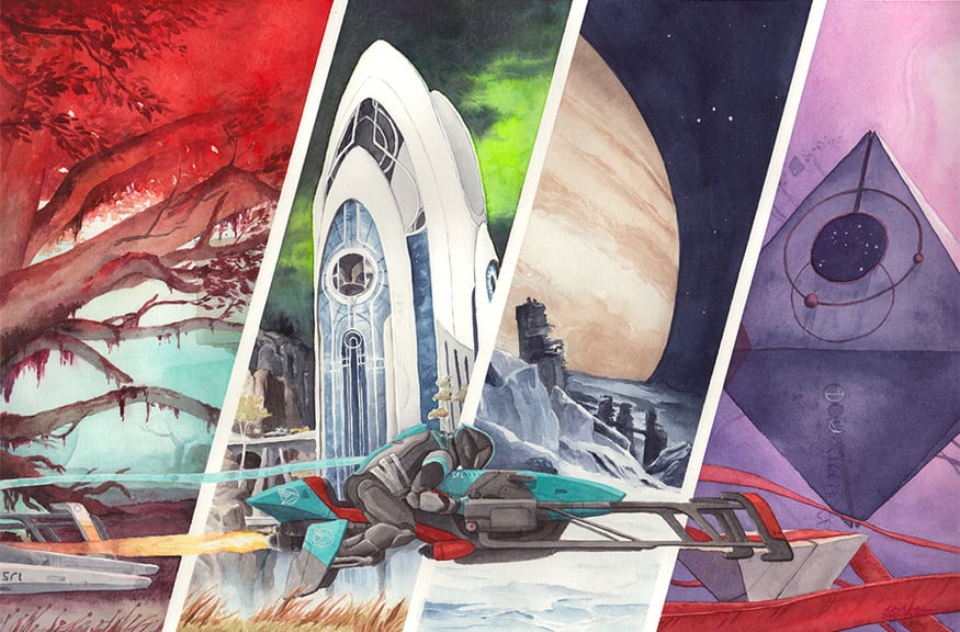Scanned image of "The Trans-Jovian Cup", painted in watercolour and depicting a Guardian on a Sparrow racing through Nessus, The Dreaming City, Europa, and the Singularity stage of the Prophecy dungeon.
