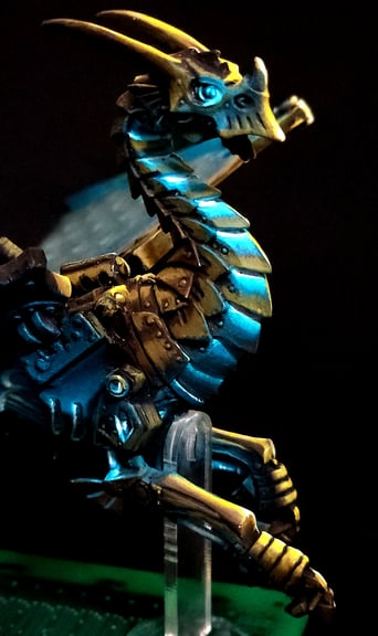 Dark Side Close-Up – Intricate details of the aether-charged armor, every panel alive with electric glow.