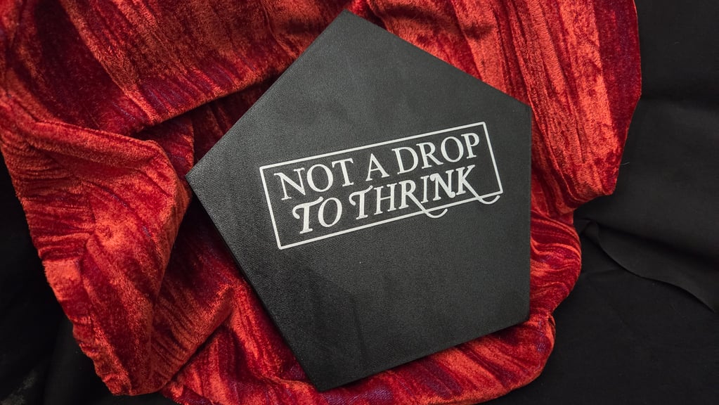 The dice set's 3D gift box, embellished with a "Not a Drop to Thrink" logo using multicolor 3D printing.