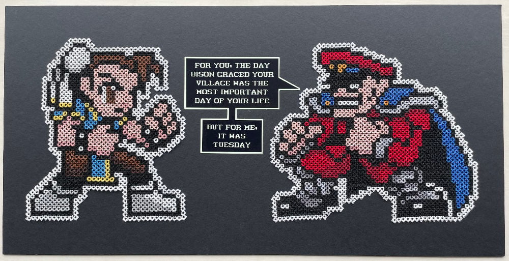 The complete composition. Two warriors from Street Fighter rendered in cotton. Features Bison monologing to Chun-Li.