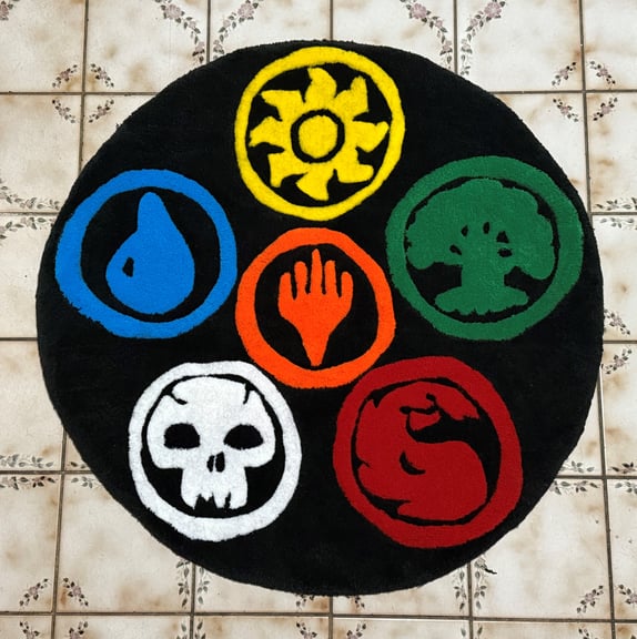 MTG Mana Symbols Tufted Rug shown in indoor kitchen tile floor location!